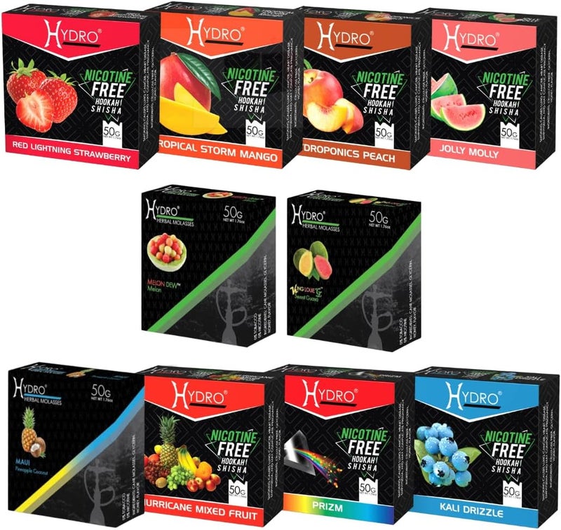 Hydro Hookah Flavors Bundle – Tobacco Free & Nicotine Free Shisha - Fruit Lovers Mix Premium Flavors – Natural, Long-Lasting, Smooth Taste, 50-Gram Packs (Pack of 10) - Image 1